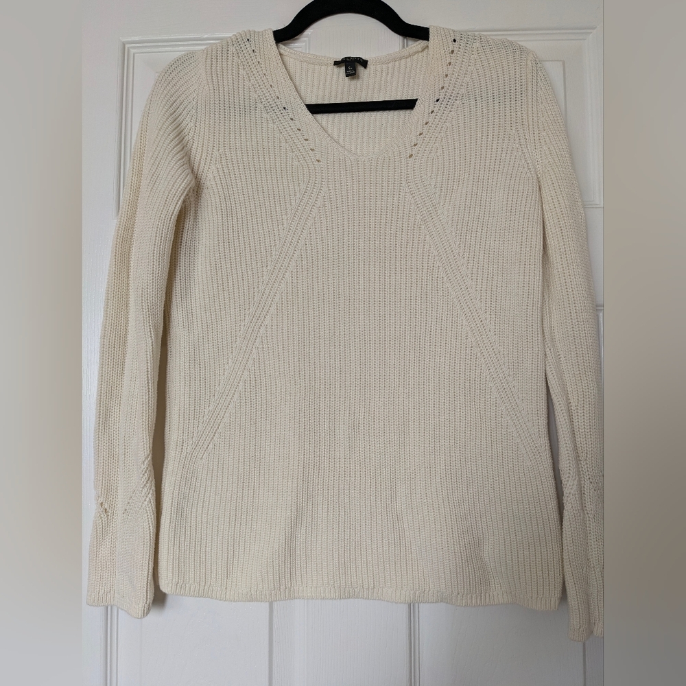 Talbots Cream V-Neck Ribbed Knitted Sweater Eyelet Details Boho S SP